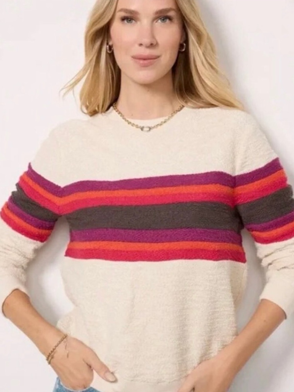 Faherty Cream Sweatshirt with Red, Orange & Purple Stripes